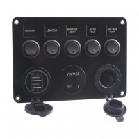 [Panel s 5x spínači, CL, voltmetr + 2x USB zásuvka, 12/24V]