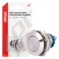 [Flat round steel momentary button 19 mm, 5 A, 12/230 V, AMIO-04436]