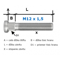 [Predĺžený pozinkovaný Štift na kolesa M12x1,5 50mm (D1=12,2mm/7,5mm/50mm)]