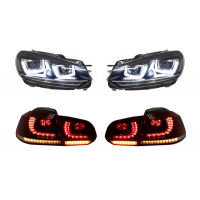 [Predné svetlomety chrómové a zadné svetlá Cherry Red Full LED vhodné pre VW Golf 6 VI (2008-2013) R20 U Dizajn Dynamické sekvenčné natáčacie svetlo LHD]